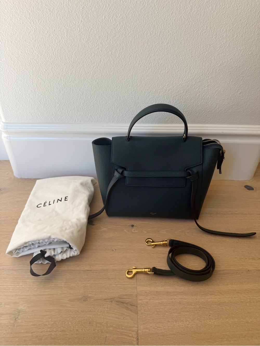 Celine Dark Green Medium Belt Bag with Gold Hardware